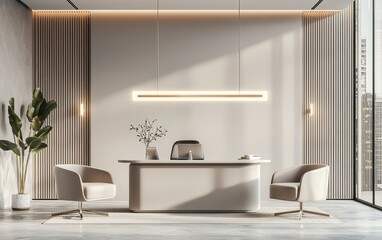Minimalist office space with a neutral color palette, sleek furniture, and modern lighting, enhancing focus and efficiency