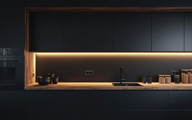 Minimalist kitchen with matte black cabinetry, wooden countertops, and subtle LED lighting, blending modern design with functionality