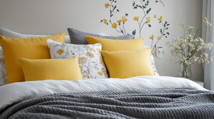 A Cozy Bedroom With A Grey And Yellow Color Scheme.  Soft Textures And Floral Accents Create A Calm And Inviting Atmosphere.