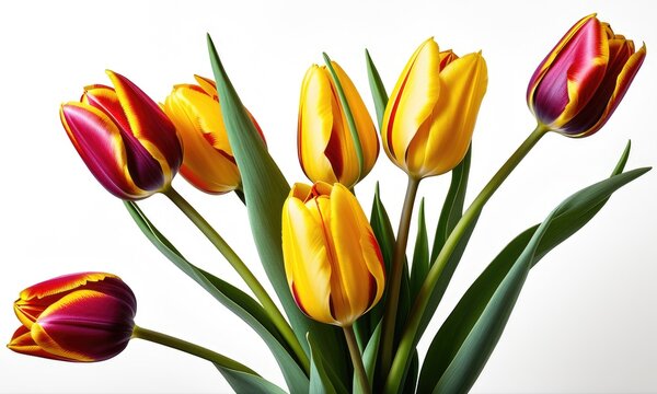 Vibrant yellow and red tulips in bloom against clean white background - Powered by Adobe