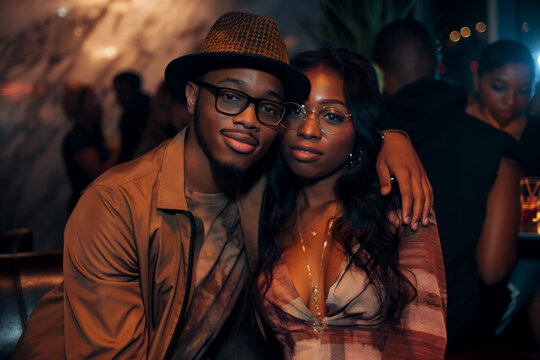 Black man in his early thirties wearing street wear and sitting with his shoulders back next to a tall, beautiful woman. They pose for the camera at a night club event