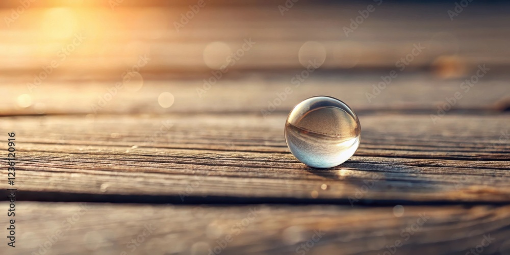 Poster a crystal sphere reflecting a world within its glassy surface, resting on a weathered wooden plank b
