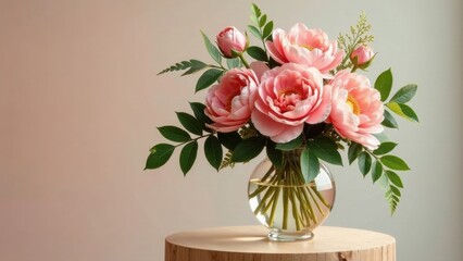 Obraz premium A delicate arrangement of light pink peonies in a clear glass vase, adorned with lush green foliage, sits elegantly on a simple wooden surface against a soft neutral backdrop