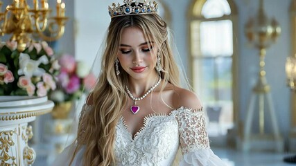 pretty Caucasian woman wearing white lace gown with crown, princess smiling at luxurious room