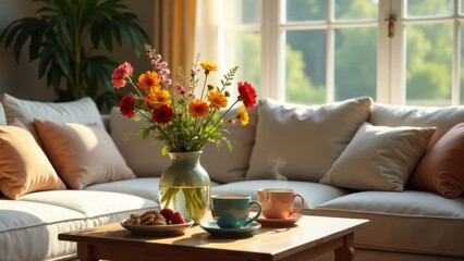 Serene living room scene with vibrant floral arrangement, cozy cushions, and steaming teacups on a coffee table