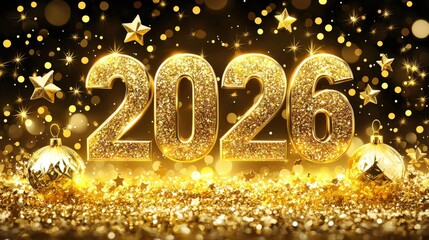 Magical Golden Number 2026 Rising from Sparkling Mist with Decorative Stars and Ornaments, Perfect for Celebrations