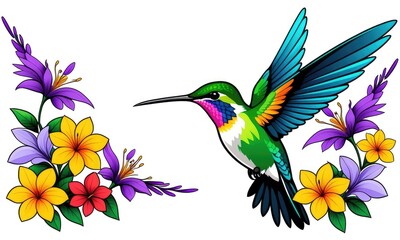 Fototapeta premium Colorful hummingbird with vibrant tropical flowers on white background