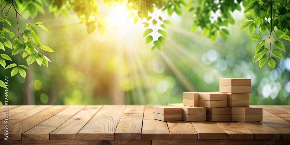 Poster A Stack of Wooden Blocks on a Wooden Table with a Blurred Green Background and Sunlight Streaming Through the Leaves