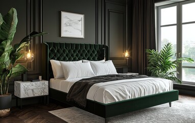 Modern Bedroom with a Chic Emerald Green Velvet Bed, Contrasting White Bedding, a Marble Nightstand, and a Cozy Contemporary Atmosphere