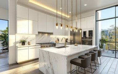 Fototapeta premium Luxurious open-plan kitchen with marble countertops, high-end appliances, and elegant light fixtures