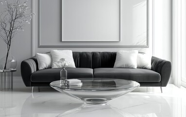 Modern living room with a sleek charcoal gray velvet sofa, minimalist white cushions, and a floating glass coffee table, creating a sophisticated and balanced space