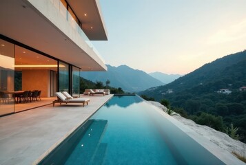 Fototapeta premium Luxury Modern Home with Infinity Pool and Panoramic Mountain View at Sunset