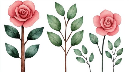 Fototapeta premium Watercolor Roses and Green Leaves Botanical Illustration