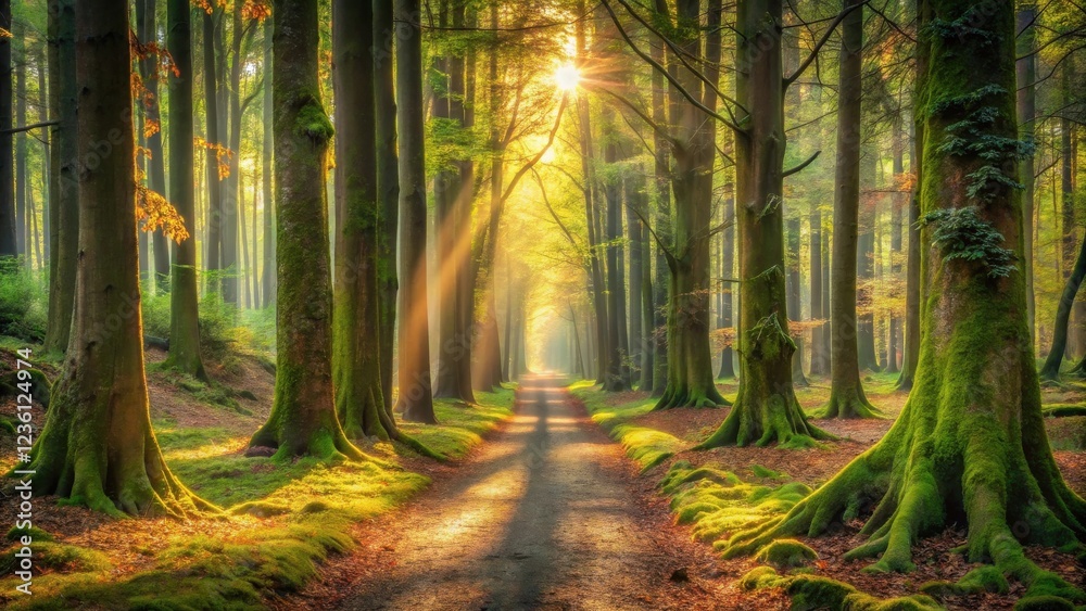 Aufkleber Sunbeams illuminate a path through an ancient forest, dappled light casting ethereal shadows upon the mossy ground.
