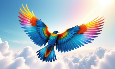 Fototapeta premium Vibrant rainbow bird soaring above clouds against sunlit sky