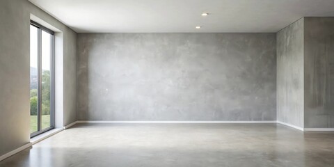 Fototapeta premium Minimalist Empty Room with Concrete Walls and a Large Window Offering a Glimpse of Nature