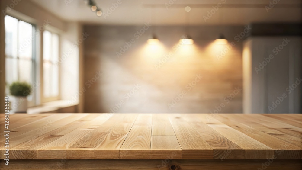 Aufkleber a close-up of a rustic wooden tabletop against a blurred background of a kitchen space with a window