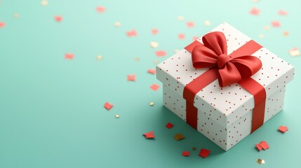 Obraz premium White Gift Box with Red Bow on Teal Background