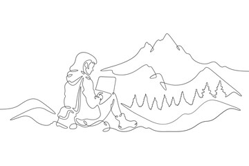 Continuous one line drawing woman with laptop sits in nature. Mountain landscape. Woman working on vacation. Tourism.Travel. One continuous line isolated minimal illustration.Not AI.