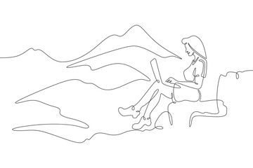 Continuous one line drawing woman with laptop sits in nature. Mountain landscape. Woman working on vacation. Tourism.Travel. One continuous line isolated minimal illustration.Not AI.