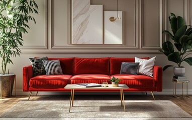 Modern Living Room with a Luxurious Red Velvet Sofa, Stylish Cushions, and a Sleek Coffee Table, Creating a Contemporary Aesthetic