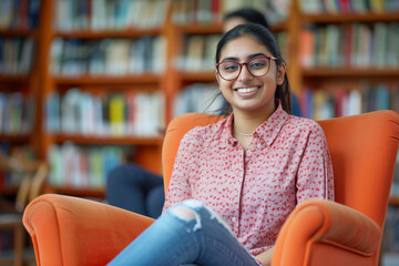 Intelligent South Asian woman, student with glasses, sits in an orange armchair smiling at the camera while being interviewed by another person in front of bookshelves. In a background library setting