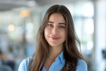 Naklejka premium Successful brunette woman with long brown hair and a blue shirt is smiling. She is posing for a picture