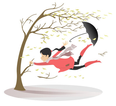 windy day: person flying with umbrella clip art preview