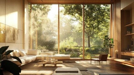 Fototapeta premium A serene modern living room with large windows showcasing a lush garden view.