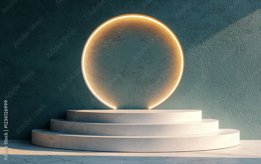 Poster Illuminated circular backdrop with tiered marble display.