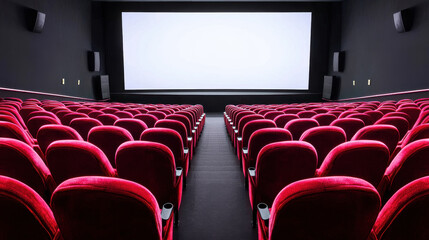 A row of red cinema seats facing a blank screen in a modern movie theater.