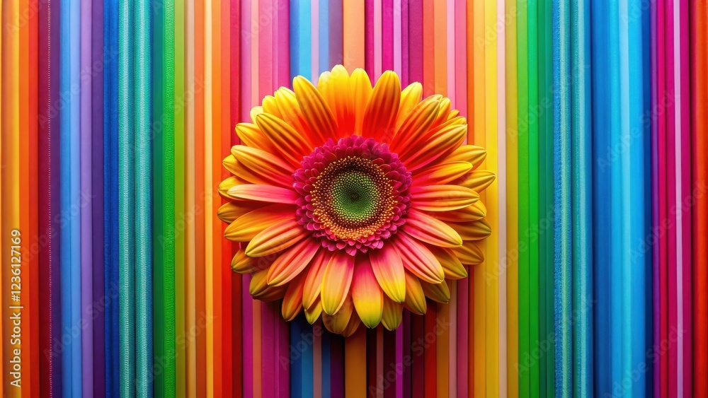 Poster a vibrant orange and yellow flower with pink center blooms amidst a colorful array of vertical strip