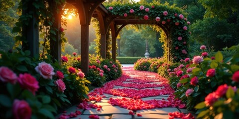 Obraz premium Romantic Rose Garden Pathway at Sunset A Serene Stroll Through Blooming Flowers and Lush Greenery
