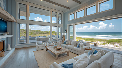 Fototapeta premium Coastal living room ocean view luxury home