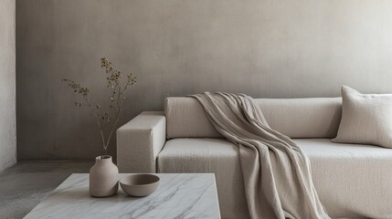 Minimalist Beige Living Room Interior with Throw Blanket and Dried Flowers