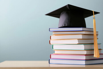 A stack of colorful books topped with a graduation cap symbolizing academic achievement.