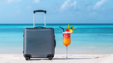 A stylish suitcase beside a refreshing cocktail on a tropical beach.