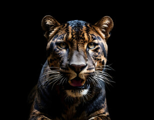 Obraz premium portrait of a tiger, Front view of panther on a black background, wild panther with copy space, wild animal banner