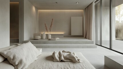 Serene Minimalist Bedroom Interior Design with Concrete Platform and Floor-to-Ceiling Windows