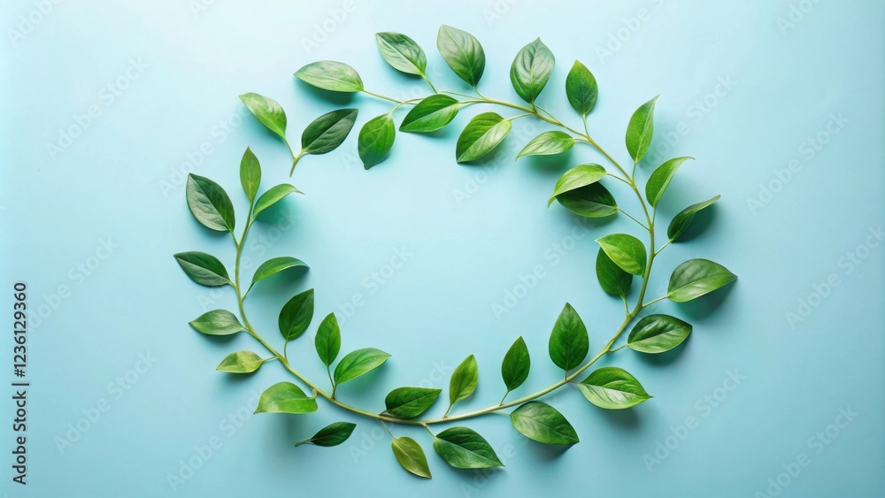 Poster a single branch with vibrant green leaves forms a delicate circular frame against a serene blue back