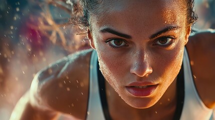 Female athlete sweating and preparing for competition under water spray
