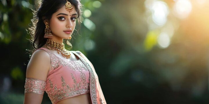 A Bollywood actress dressed in traditional Indian wedding attire, wearing a pink bridal outfit complete with jewelry, posing for a candid photoshoot against a natural backdrop.