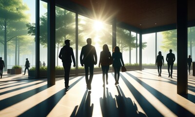 Sunlit urban office with silhouettes and greenery in modern architecture