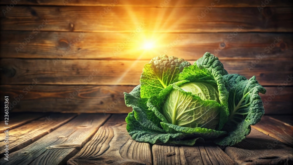 Poster a fresh green cabbage head resting on a rustic wooden surface with a sunbeam illuminating the scene