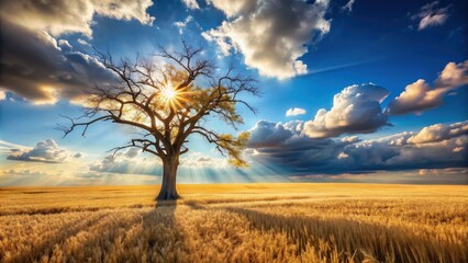 Fototapeta premium Golden rays of sunlight break through the clouds and illuminate a solitary tree standing tall in a field of golden wheat.