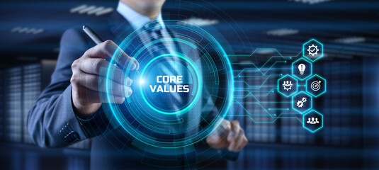 Core values Responsibility Innovation. Businessman pressing button on screen.
