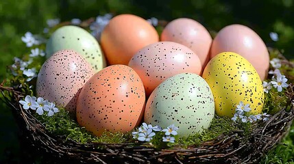 Obraz premium A nest filled with pastel-hued Easter eggs nestled among moss and tiny flowers.