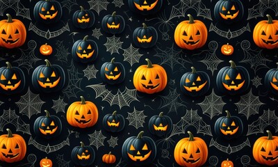 Fototapeta premium Vibrant halloween pumpkins and spider webs pattern on dark background
