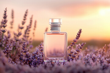 Glass perfume bottle among lavender fields at sunset