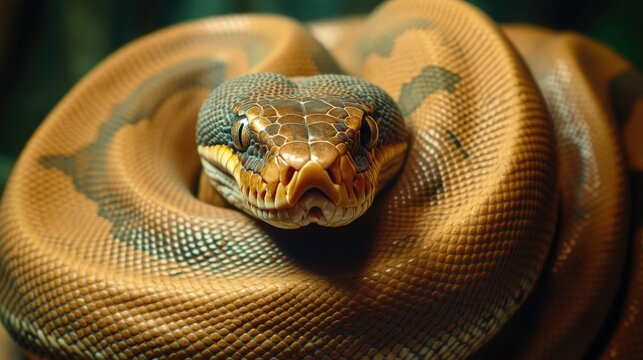 Close-up of ball python looking at the camera with focused eyes.